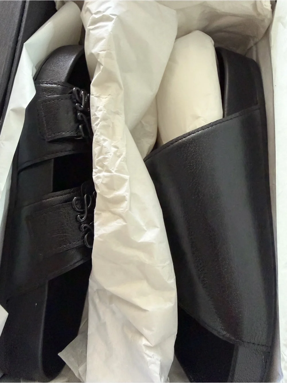 Mens Black Slide Sandal with Decorative Buckles